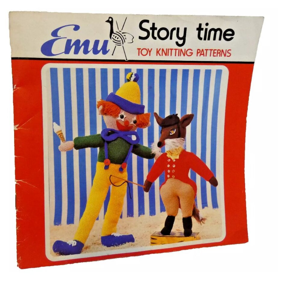 Vintage Pattern Book Emu Story Time Toy Knitting Clown Pig Rabbit Fox Elephant